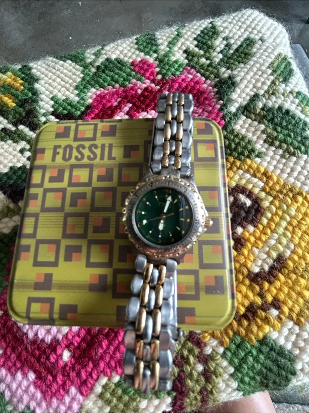 Fossil Two-Tone Bracelet Watch with Green Dial